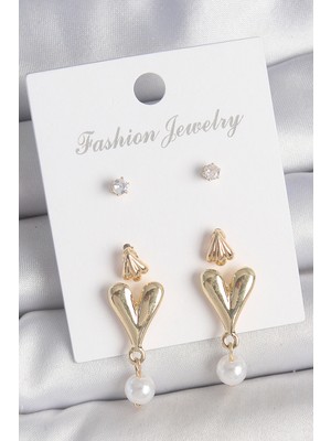 Ayder Timya Pirinç Gold Renk Zirkon Taşlı İncili Sallantılı Kalp Model 3 Çift Kadın Küpe Seti (Timya/1395) 192671