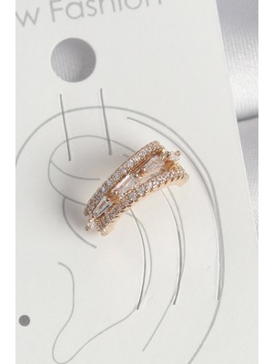 Ayder Timya Pirinç Gold Renk Zirkon Taşlı 3'Lü Sıralı Model Kadın Kıkırdak Küpe (Timya/1395) 192650