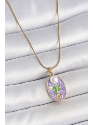 Ayder Timya 316L Çelik Gold Renk Zincir Mor Mineli Oval İncili Çiçek İşlemeli Portre Model Kadın Kolye (Timya/1395) 192525