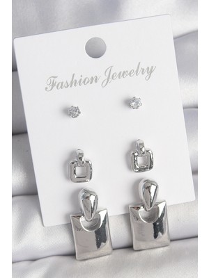 Ayder Timya Pirinç Gümüş Renk Zirkon Taş Detay Sallantılı Kare Model 3 Çift Kadın Küpe Seti (Timya/1395) 192667