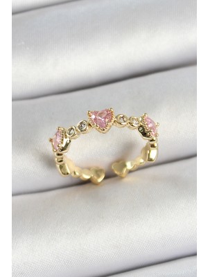 Ayder Timya Pirinç Sıralı Kalp Figürlü Zirkon Taşlı Gold Renk Ayarlanabilir Kadın Yüzük (Timya/1395) 192711