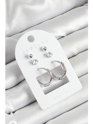 Ayder Timya Pirinç Zirkon Taş Ve Halka Figürlü Gümüş Renk 3'lü Çift Kadın Küpe Set (Timya/1395) 192780