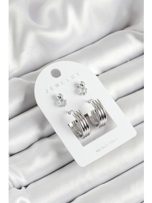 Ayder Timya Pirinç Zirkon Taş Ve Halka Figürlü Gümüş Renk 3'lü Çift Kadın Küpe Set (Timya/1395) 192782