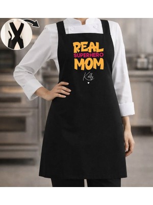Bk Gift Kişiye Özel Anneler Günü Tasarımlı Çapraz Askılı Siyah Mutfak Önlüğü - 1, Aşçı Önlüğü, Şef Önlüğü, Anneye Hediye