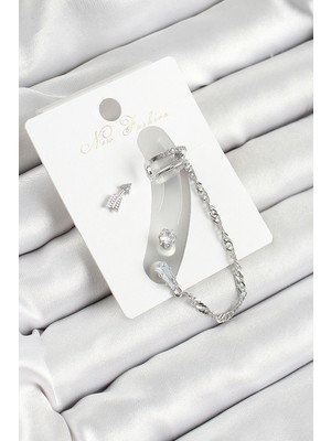 Ayder Timya Pirinç Ok Figürlü Zirkon Taşlı Gümüş Renk 3'lü Kıkırdak Kadın Küpe Set (Timya/1395) 192795