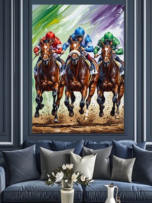 Artmeg At Yarışı Yapan Jokeyler Dekoratif Kanvas - Mdf Ahşap Tablo