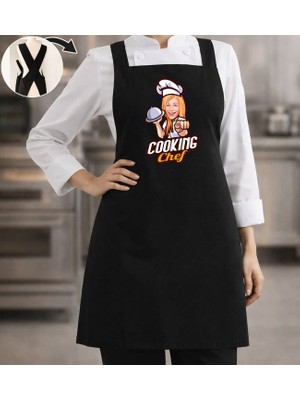 Bk Gift Kişiye Özel Karikatürlü Çapraz Askılı Siyah Mutfak Önlüğü - 2, Aşçı Önlüğü, Şef Önlüğü, Anneye Hediye