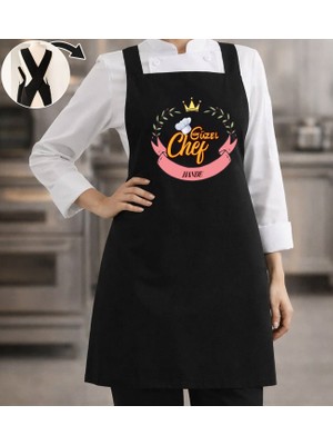 Bk Gift Kişiye Özel Isimli Çapraz Askılı Siyah Mutfak Önlüğü - 14, Aşçı Önlüğü, Şef Önlüğü, Anneye Hediye
