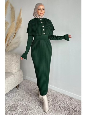Julude Pelerinli Pileli Tesettür Triko Elbise P-00019220