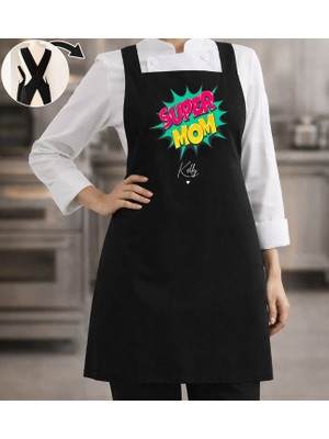 Bk Gift Kişiye Özel Anneler Günü Tasarımlı Çapraz Askılı Siyah Mutfak Önlüğü - 2, Aşçı Önlüğü, Şef Önlüğü, Anneye Hediye