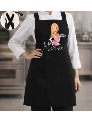 Bk Gift Kişiye Özel Karikatürlü Çapraz Askılı Siyah Mutfak Önlüğü - 11, Aşçı Önlüğü, Şef Önlüğü, Anneye Hediye