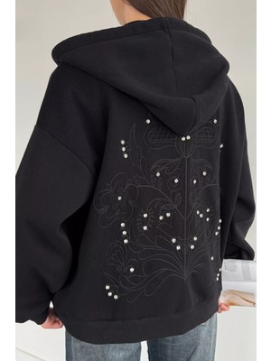 Gülseli Kadın Ön Fermuarlı Kapüşonlu Nakış ve Taş Detaylı Şardonlu Sweatshirt P-00020102