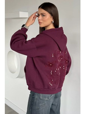 Gülseli Kadın Ön Fermuarlı Kapüşonlu Nakış ve Taş Detaylı Şardonlu Sweatshirt P-00020102