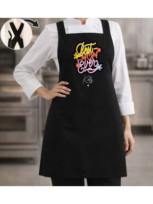 Bk Gift Kişiye Özel Anneler Günü Tasarımlı Çapraz Askılı Siyah Mutfak Önlüğü - 7, Aşçı Önlüğü, Şef Önlüğü, Anneye Hediye