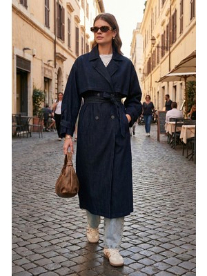 Lela Pamuklu Oversize Kruvaze Yaka Düğmeli Kuşaklı Trençkot Bayan Trençkot 6830094