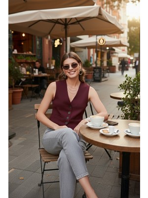 Lela Streç Fitted Fit V Yaka Düğmeli Yelek Bayan Yelek 5865971