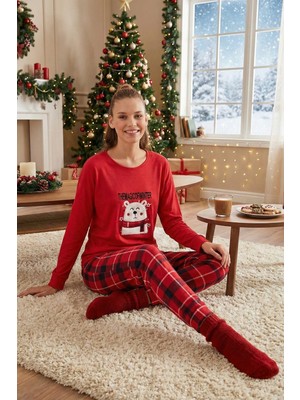 Lela Streç Standart Fit Bisiklet Yaka Desenli Pijama Takımı Bayan Pijama Takımı 6095700