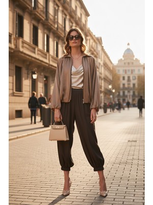 Lela Comfort Fit Yüksek Bel Lastikli Paça Saten Pantolon Bayan Pantolon 68351217