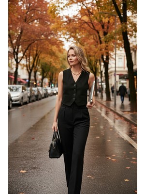 Lela Fitted V Yak Düğmeli Crop Scuba Süet Yelek Bayan Yelek 5865576