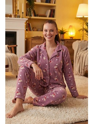 Lela Standart Fit Düğmeli Polarlı Pijama Takımı Bayan Pijama Takımı 6095615
