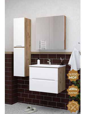Teta Home Kopenhag 80 cm Mdf Gövde Membran Kapak Banyo Dolabı Seti + Boy Dolabı