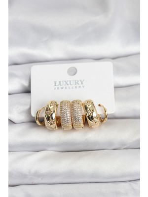 Mabelme Store Zirkon Taşlı Pirinç Gold Renk Halka Kadın Küpe Seti