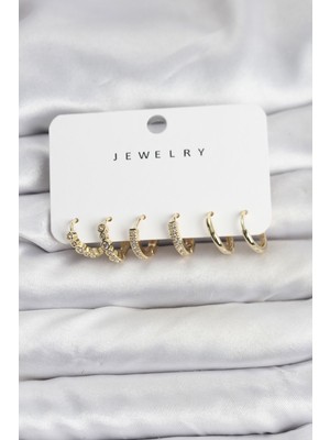 Mabelme Store Gold Renk Pirinç Zirkon Taşlı Kadın Küpe Seti