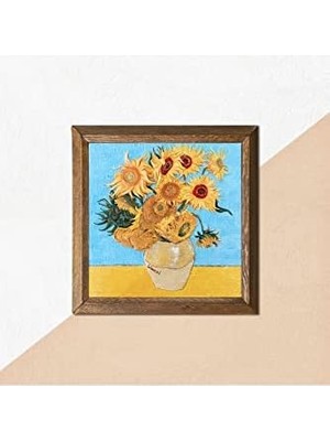 Vincent Van Gogh On Iki Ayçiçekli Vazo Taş Duvar Tablosu - Ahşap Çerçeveli Taş Tablo - 25X25 cm - Dekoratif Duvar Sanatı - Modern Ev ve Ofis Duvar Dekoru W1-276