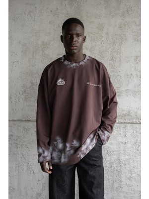 Machinist Erkek Hand Made Efekt Baskılı Oversize Uzun Kollu Tişört Kahverengi