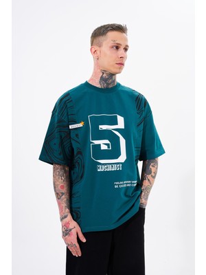 Machinist Erkek Number 5 Baskılı Oversize Tişört Yağ Yeşili