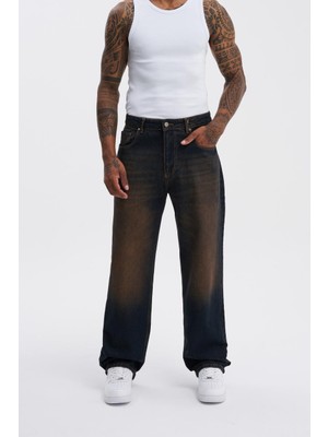 Machinist Erkek Oversize Efektli Baggy Jean Pantolon Kahverengi-Mavi