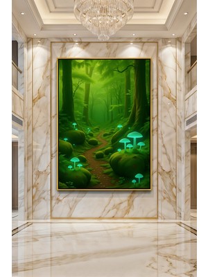 wallivo  orman patikası ve ışıldayan mantarlar büyülü yeşil doğa siyah metal çerçeveli kanvas tablo