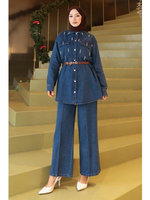 Cepli Taş Detaylı Kot Takım Koyu Mavi 19307