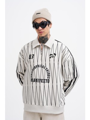 Machinist Erkek Printed And Zip Polo Sweatshirt Uzay Grisi