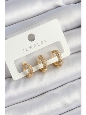 Ayder Timya Pirinç Zirkon Taşlı Yıldız Model Gold Renk 3'lü Çift Kadın Küpe Set (Timya/1395) 193110