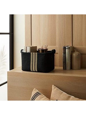 Siyah Renk Çizgili Jüt Sepet 30 x 21 x 18 cm