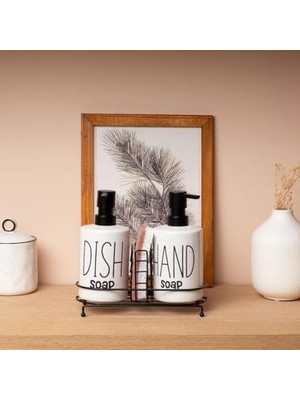 2'li Sıvı Sabunluk ve Bulaşık Deterjanlık Seti, 500 Ml, Metal Stand ve Sünger Tutuculu, Siyah-Beyaz (Siyah)