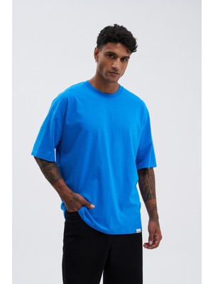 Machinist Erkek Basic Super Pamuklu Oversize Tişört Mavi