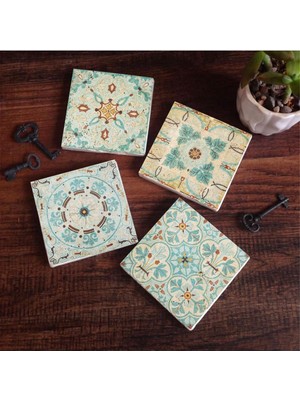 Desen Taş Bardak Altlığı Seti - 4 Parça - Dekoratif, Rustik Mutfak Aksesuarı, 10X10 Cm, Kaydırmaz Tabanlı, Şık ve Dayanıklı SC140