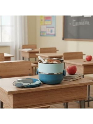 Paslanmaz Çelik 2 Katlı Yemek Termosu, 1.4 Lt Çelik ve Plastik Dış Yüzey, Beslenme Kabı, Öğle Yemeği Kutusu, Çatal Kaşık Bölmeli, Isı Koruyucu, Sızdırmaz, Okul, Ofis, Piknik Için Ideal (Mavi)