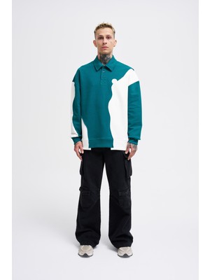 Machinist Erkek Distressed Stitch And Embroidered Polo Sweatshirt Yağ Yeşili-Ekru