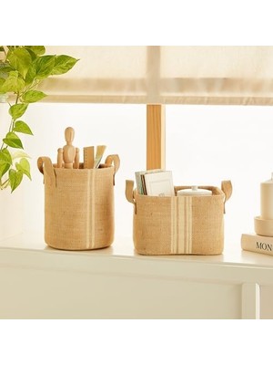 2'li Çizgili Jüt Sepet Set 1 Adet 20 x 20/1 Adet 24 x 17 x 14 cm