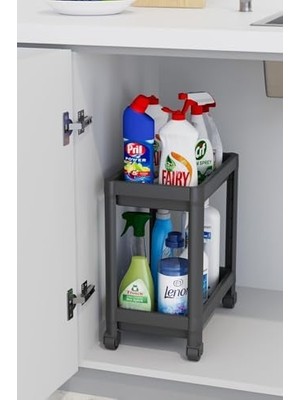 2 Katlı Tekerlekli Düzenleyici Raf, Mutfak Tezgah, Evye Altı ve Deterjanlık (Siyah)