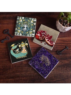 Hayat Ağacı, Şahmeran, Nar Taş Bardak Altlığı Seti - 4 Parça - Dekoratif, Rustik Mutfak Aksesuarı, 10X10 Cm, Kaydırmaz Tabanlı, Şık ve Dayanıklı SC483