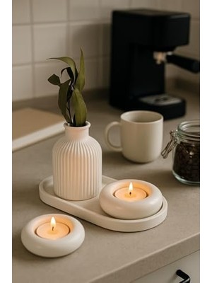 Beyaz Seramik Vazo, Tealight Mumluk ve Dekoratif Tepsi Seti - Beyaz Minimal Tasarım