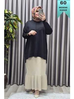 Elmas Tesettür Kadın Giyim Büyük Beden Kolu Fermuar Detaylı Fitilli Standart Beden Triko Tunik