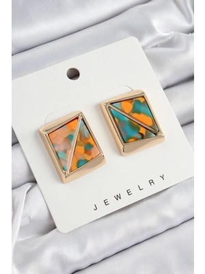 Ayder Timya Pirinç  Turuncu Yeşil Üçgen Kesim Detaylı Kare Model Vintage Gold Renk Kadın Küpe (Timya/1395) 193169