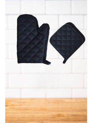 Tekstil Yanmaz ve Dayanıklı Fırın Eldiveni ve Tutacak (2 Eldiven, 2 Tutacak) Siyah 17 x 27