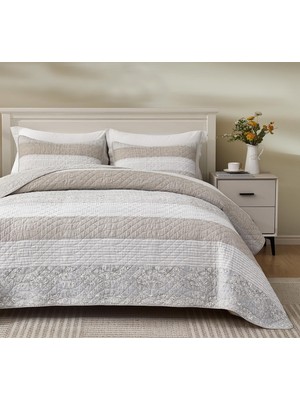 Robyn 3 Parça Nötr Boz Gri Beyaz Çiçekli Çiçeği Yama Işi Çizgili Yorgan Seti - Önceden Yıkanmış Pamuklu Örtü - Hafif Ters Çevrilebilir Yatak Örtüsü, Battal Boy