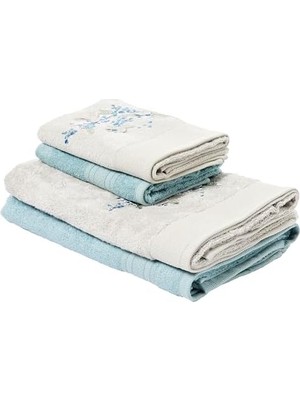 Mimosa Çiçek Desenli%60 Pamuk%40 Viskoz Hamam Seti, Taş-Nil Mavisi, 2 Adet 70X150 cm Havlu, 2 Adet 50X90 cm Havlu